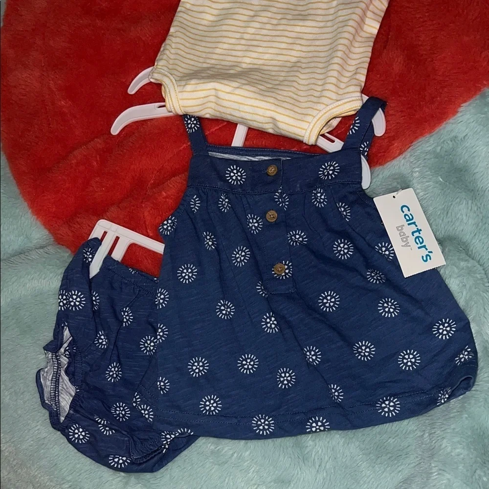 Carter's Yellow and White Striped Bodysuit and blue 3 pieces